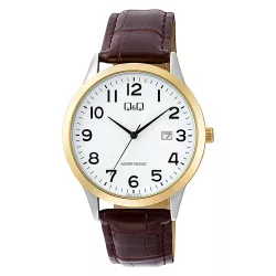   Q&Q férfi karóra, quartz, bicolor színű fémtok, fehér számlap, barna színű bőrszíj A44A-007PY