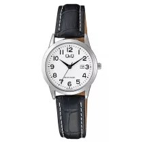   Q&Q női karóra, quartz, ezüst színű fémtok, fehér számlap, fekete színű bőrszíj  A45A-004PY