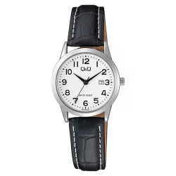   Q&Q női karóra, quartz, ezüst színű fémtok, fehér számlap, fekete színű bőrszíj  A45A-004PY