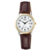   Q&Q női karóra, quartz, bicolor színű fémtok, barna színű bőrszíj, fehér számlap A45A-007PY