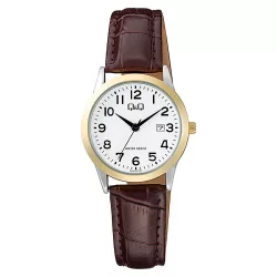   Q&Q női karóra, quartz, bicolor színű fémtok, barna színű bőrszíj, fehér számlap A45A-007PY