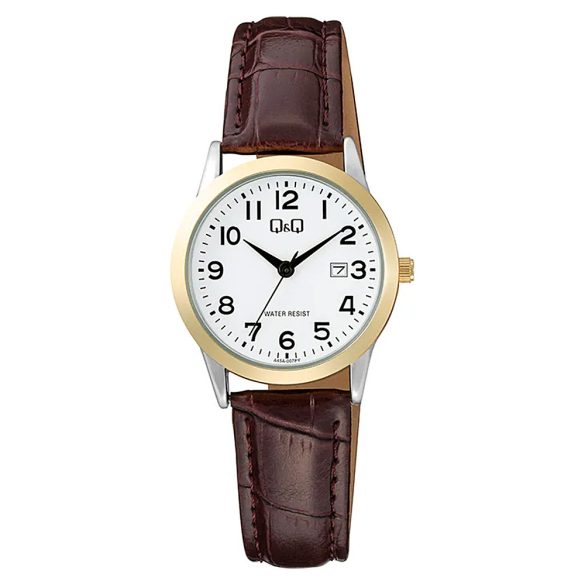 Q&Q női karóra, quartz, bicolor színű fémtok, barna színű bőrszíj, fehér számlap A45A-007PY