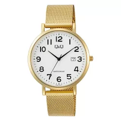   Q&Q férfi karóra, quartz, arany színű fém tok, arany színű acél csat (mesh band), fehér számlap A46A-002PY