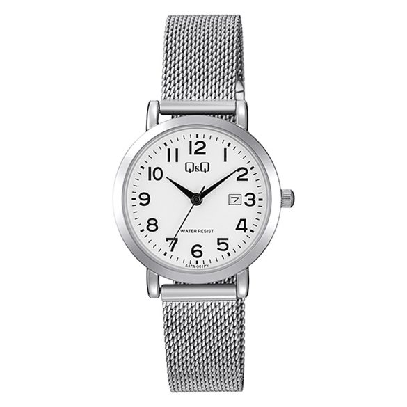 Q&Q női karóra, quartz, ezüst színű fémtok, ezüst színű fémcsat (mesh band), fehér számlap A47A-001PY