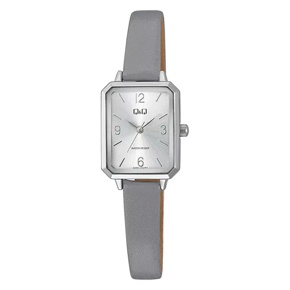 Q&Q női karóra, quartz, ezüst színű fémtok, szürke színű bőrszíj, ezüst számlap, Q29C-002PY