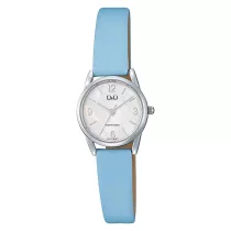   Q&Q női karóra, quartz, ezüst színű fém tok, kék színű bőrszíj, gyöngyház színű számlap Q31C-005PY