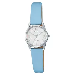   Q&Q női karóra, quartz, ezüst színű fém tok, kék színű bőrszíj, gyöngyház színű számlap Q31C-005PY