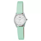   Q&Q női karóra, quartz, ezüst színű fémtok, zöld színű bőrszíj, gyöngyház színű számlap, Q31C-006PY
