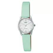   Q&Q női karóra, quartz, ezüst színű fémtok, zöld színű bőrszíj, gyöngyház színű számlap, Q31C-006PY