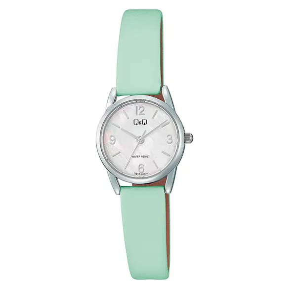 Q&Q női karóra, quartz, ezüst színű fémtok, zöld színű bőrszíj, gyöngyház színű számlap, Q31C-006PY