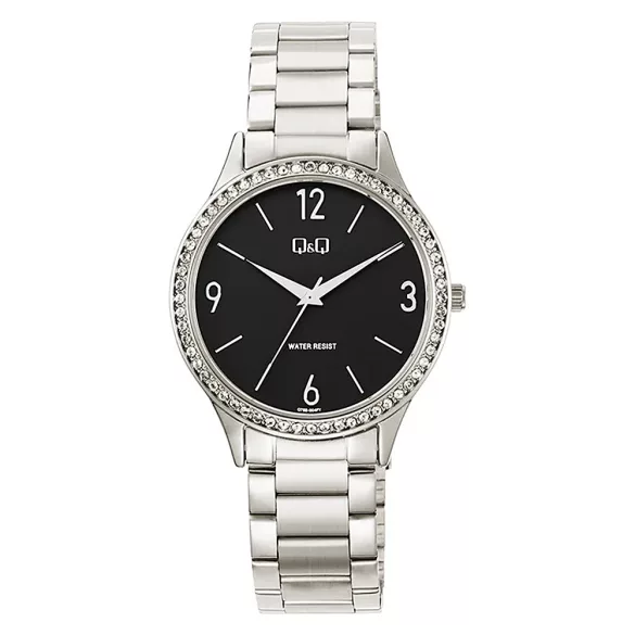 Q&Q női karóra, quartz, ezüst színű fémtok, ezüst színű fémcsat, fekete számlap, Q75B-004PY
