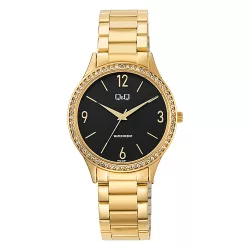   Q&Q nő karóra, quartz, arany színű fémtok, arany színű fémcsat, fekete számlap, Q75B-009PY