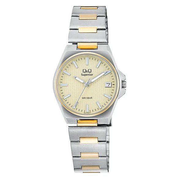 Q&Q női karóra, quartz, bicolor színű nemesacél tok, bicolor színű nemesacél csat, arany számlap (Superior) S22A-007PY