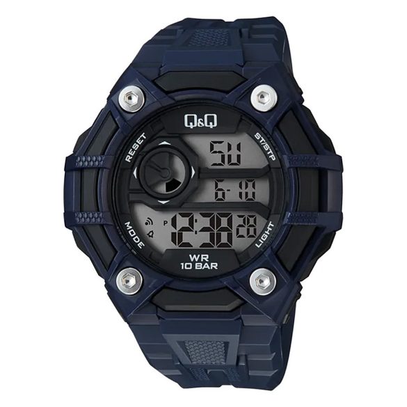 Q&Q férfi karóra, quartz, LCD kijelzés, kék és fekete színű műanyag tok, kék színű műanyag szíj, G18A-004VY
