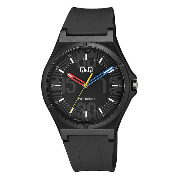 Q&Q férfi karóra, quartz, fekete színű műanyag tok, fekete színű műanyag szíj, fekete számlap, V04A-006VY