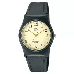   Q&Q unisex karóra, quartz, fekete színű műanyag tok, fekete színű műanyag szíj, arany színű számlap, VP34J001Y