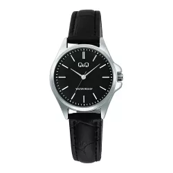   Q&Q női karóra, quartz, ezüst színű fémtok, fekete színű bőrszíj, fekete színű számlap C37A-015PY