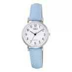   Q&Q női karóra, quartz, ezüst színű fémtok, kék színű bőrszíj, fehér színű számlap C66A-005PY