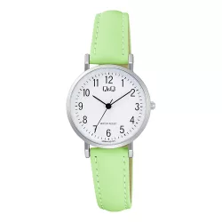   Q&Q női karóra, quartz, ezüst színű fémtok, fehér színű számlap, zöld színű bőrszíj C66A-007PY