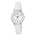   Q&Q női karóra, quartz, ezüst színű fémtok, fehér színű számlap, fehér színű bőrszíj C66A-011PY