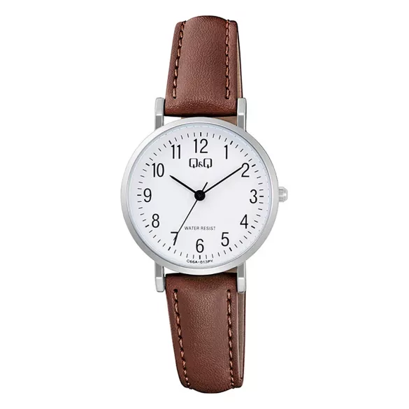 Q&Q női karóra, quartz, ezüst színű fémtok, barna színű bőrszíj, fehér színű számlap C66A-013PY