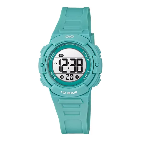 Q&Q női karóra, quartz, digitális, türkiz színű műanyag tok, türkiz színű műanyag szíj, LCD kijelzés G32A-003VY