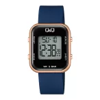   Q&Q női karóra, quartz, digitális, rózsaarany színű műanyag tok, kék színű műanyag szíj, LCD kijelzés M207J009Y