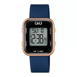   Q&Q női karóra, quartz, digitális, rózsaarany színű műanyag tok, kék színű műanyag szíj, LCD kijelzés M207J009Y