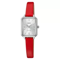   Q&Q női karóra, quartz, ezüst színű fémtok, piros színű bőrszíj, ezüst színű számlap Q29C-003PY