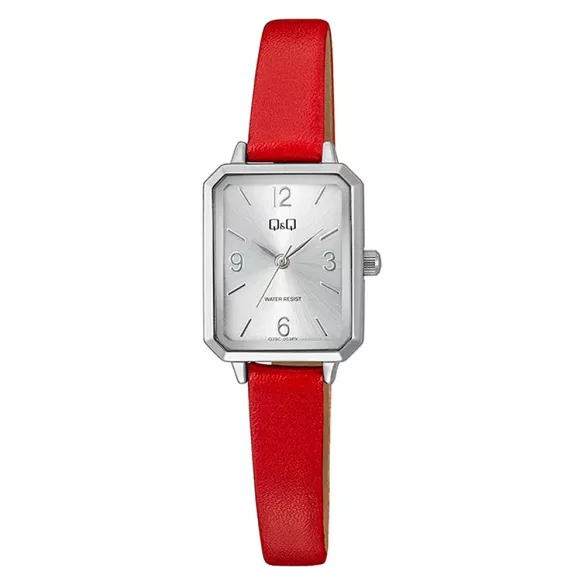 Q&Q női karóra, quartz, ezüst színű fémtok, piros színű bőrszíj, ezüst színű számlap Q29C-003PY