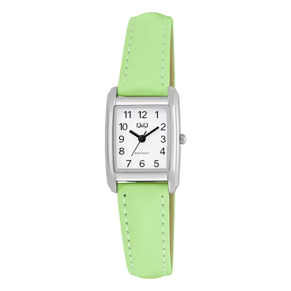 Q&Q női karóra, quartz, ezüst színű fémtok, fehér színű számlap, zöld színű bőrszíj Q44C-004PY