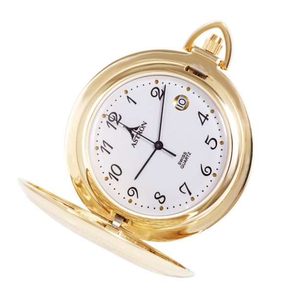 Ceas de buzunar ASTRON, carcasă și lanț auriu, cadran alb, cifre arabe