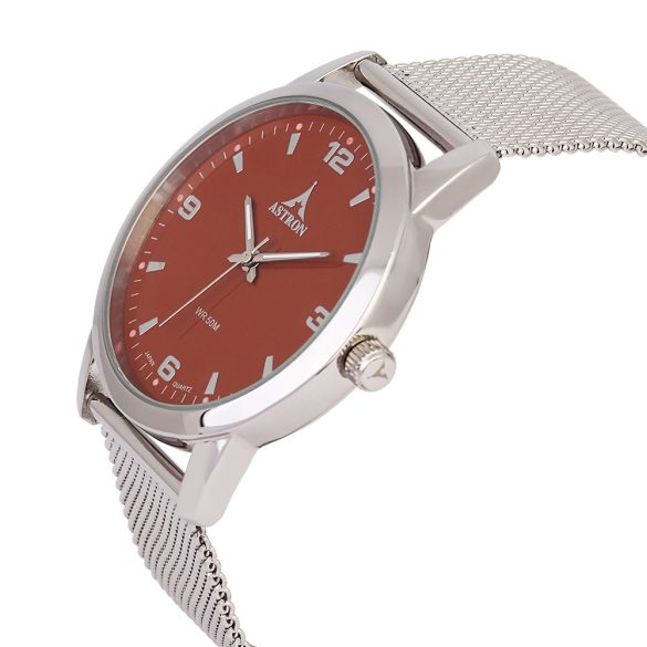 ASTRON 5631-5 elegáns férfi karóra, ezüst színű nemesacél tok, ezüst színű nemesacél csat, arab számos barna számlap, keményített ásványüveg, quartz szerkezet, 50 m (5 ATM) vízállóság
