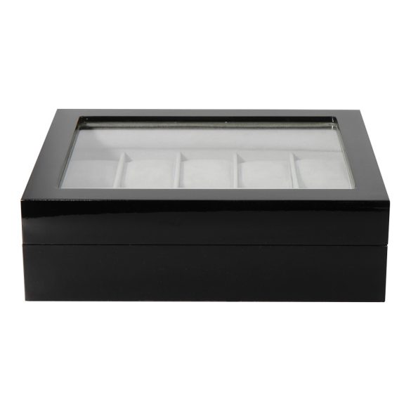 Cutie de depozitare ceasuri, 10 compartimente, culoare neagră, intarior gri