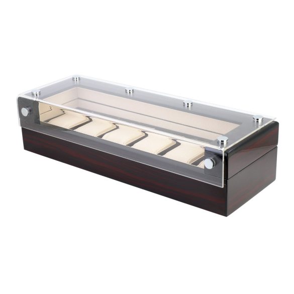 Óra tartó doboz, 6 rekeszes, lakkozott mahagóni külső, bézs színű műbőr belső