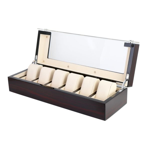 Óra tartó doboz, 6 rekeszes, lakkozott mahagóni külső, bézs színű műbőr belső