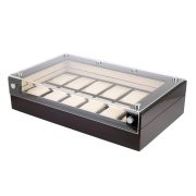 Óra tartó doboz, 12 rekeszes, lakkozott mahagóni külső, bézs színű műbőr belső Óra tartó doboz, 12 rekeszes, lakkozott mahagóni külső, bézs színű műbőr belső