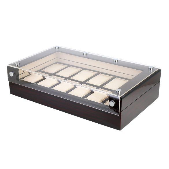 Óra tartó doboz, 12 rekeszes, lakkozott mahagóni külső, bézs színű műbőr belső