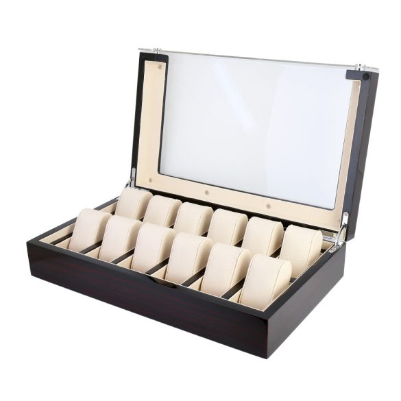 Óra tartó doboz, 12 rekeszes, lakkozott mahagóni külső, bézs színű műbőr belső