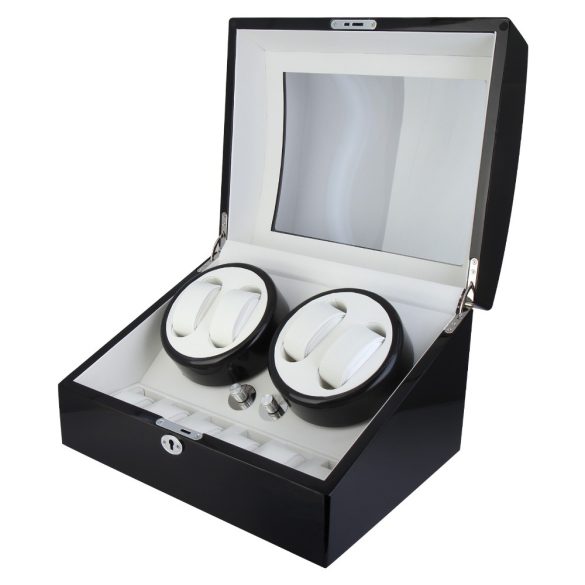 Óraforgató doboz, 4 db + 6 db órához, kívül fekete fa magasfényű felület, belül fehér műbőr borítás