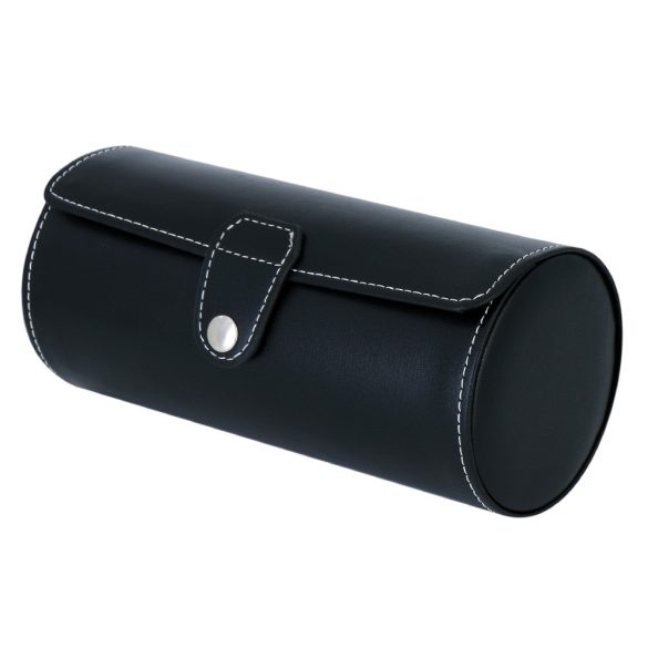 Óratartó doboz (utazós), 3 óra rekeszes, kívül fekete műbőr borítás, belül krém színű textil 