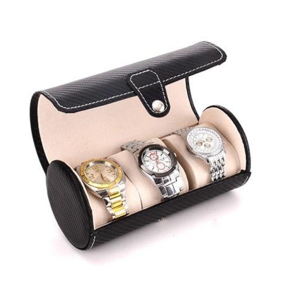 Óratartó doboz (utazós), 3 óra rekeszes, kívül fekete műbőr borítás, belül krém színű textil 