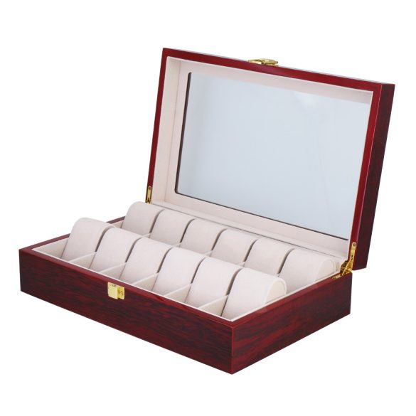 Óratartó doboz, 12 rekeszes, kívűl barna festett felületű, belűl fehér textil 