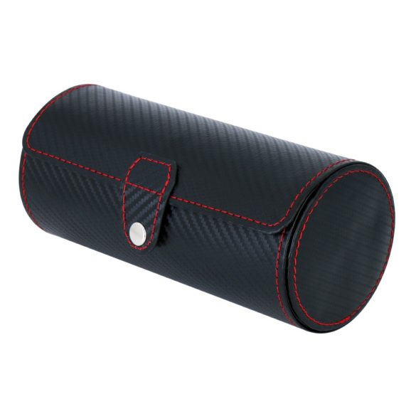 Óratartó doboz (utazós), 2 db óra rekesz + 1 ékszer rekeszes, kívül fekete műbőr piros varrással borítás, belűl szürke textil