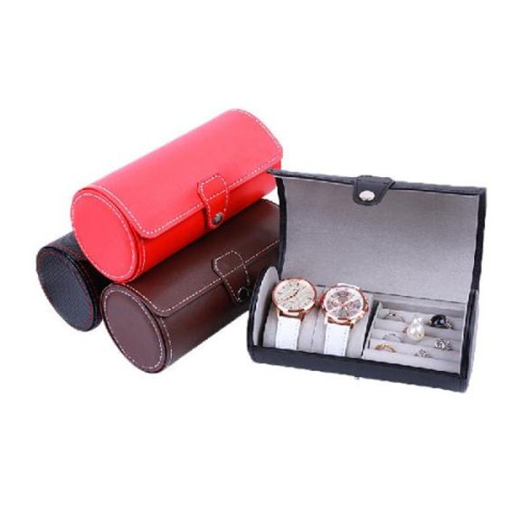 Óratartó doboz (utazós), 2 db óra rekesz + 1 ékszer rekeszes, kívül fekete műbőr piros varrással borítás, belűl szürke textil