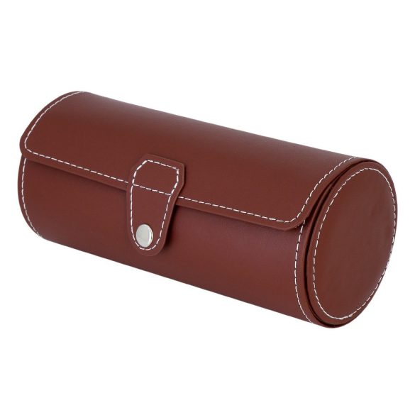 Óratartó doboz (utazós), 3 karóra rekeszes, kívül barna műbőr borítás, belül krém színű textil