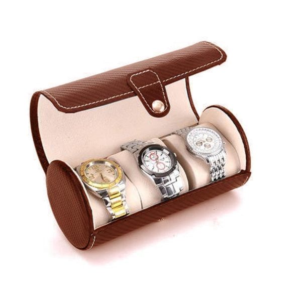 Óratartó doboz (utazós), 3 karóra rekeszes, kívül barna műbőr borítás, belül krém színű textil