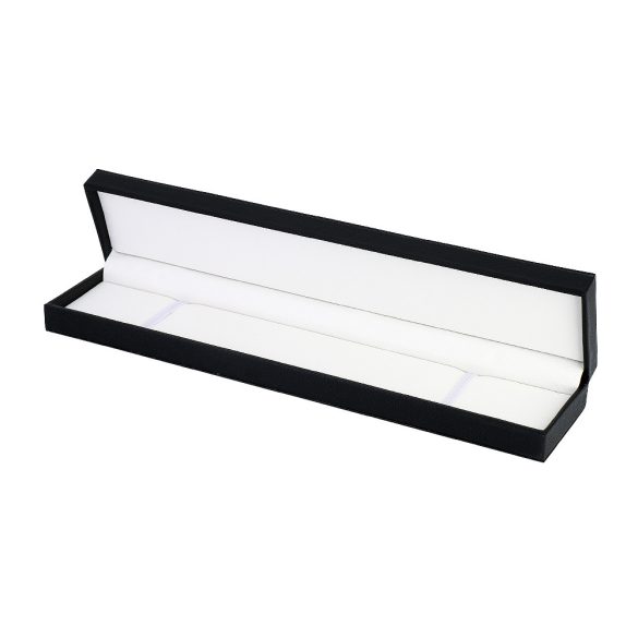 Logó nélküli karóra doboz, kívül fekete műbőr borítású, belűl műbőr fehér borítású