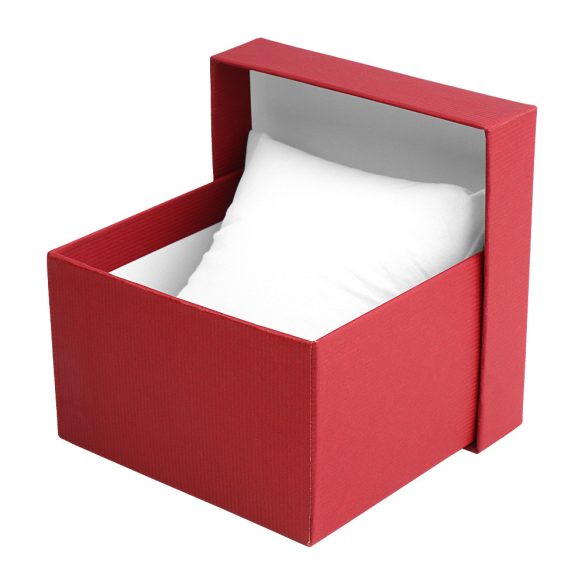 Logó nélküli karóra doboz, piros papír borítású külső, belül fehér párnával