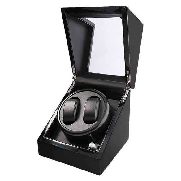 Óraforgató doboz, 2 db karórához, kívül fekete színű festett fényes fa felület, belül fekete színű textil